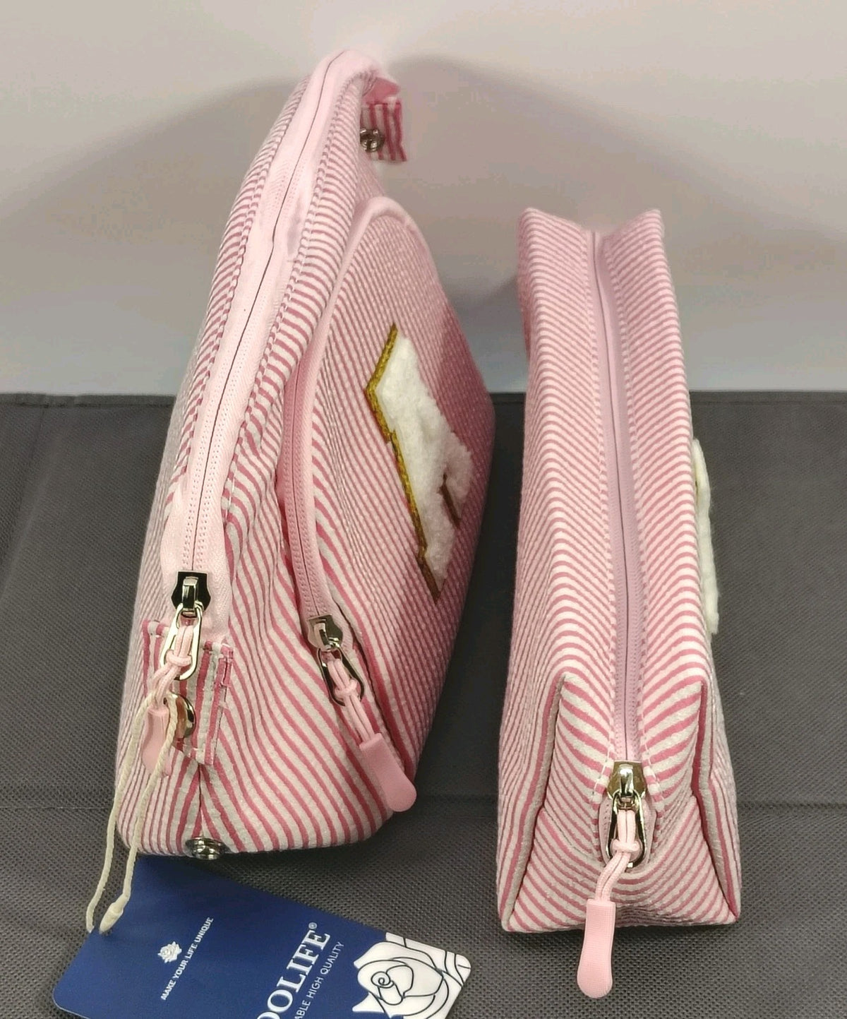 Girls Personalized Makeup Bag Set - Pink & White Striped Letter A