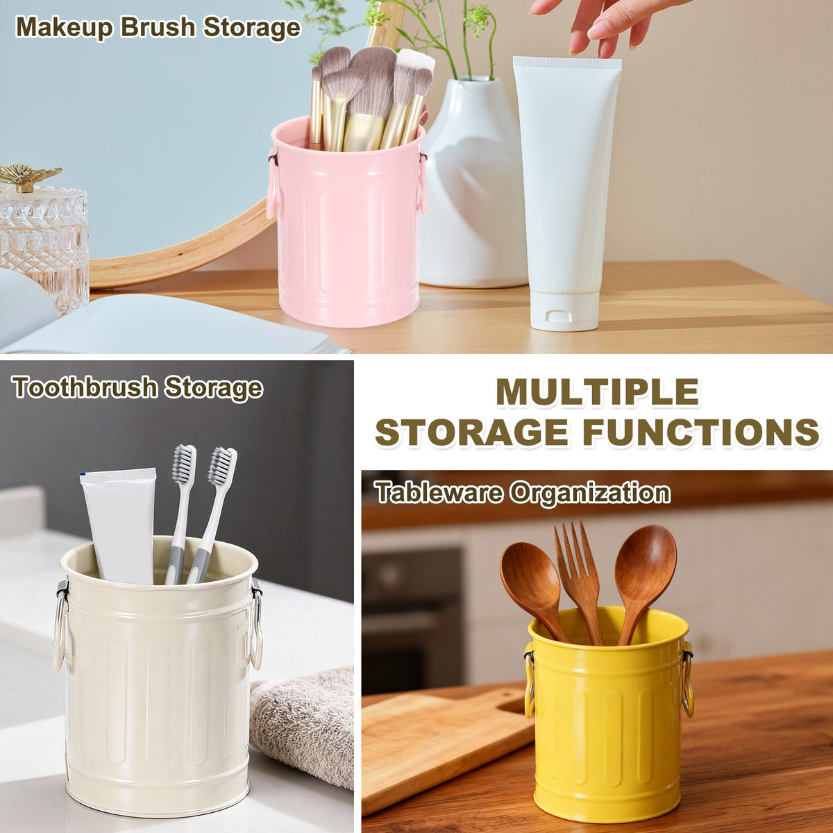 Light Pink Metal Makeup Brush Holder Organizer with Handle - 3.5x4.5 Inch