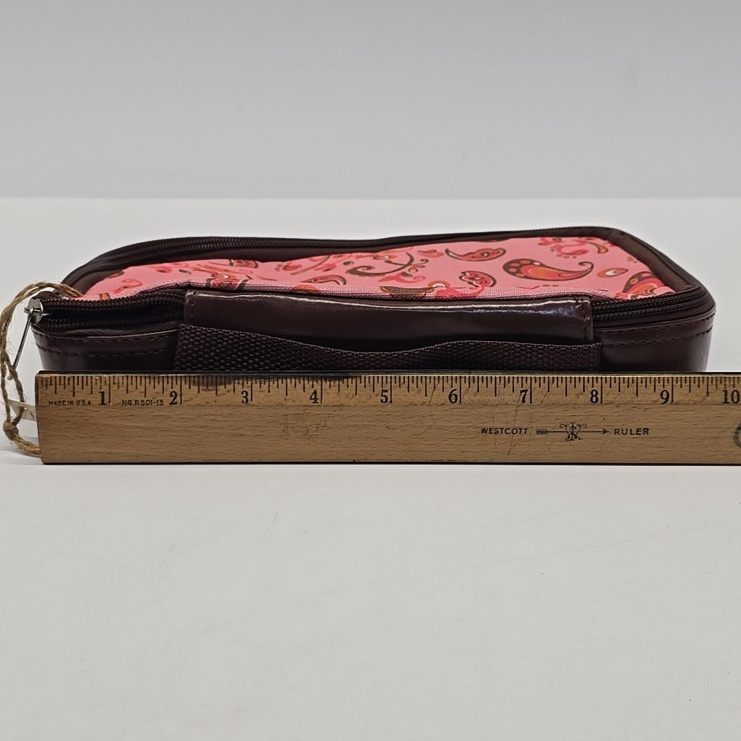 Vegan Makeup & Toiletry Bag for Travel Paisley Brown Pink Zip Case