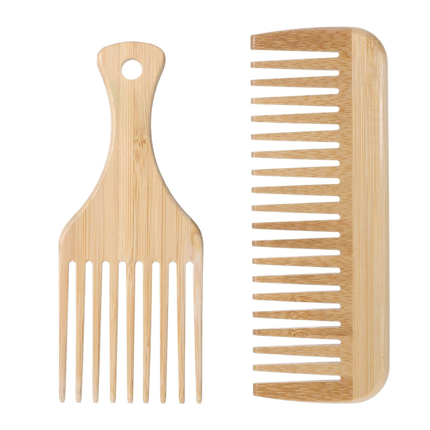 Bamboo Hair Pick & Wide Tooth Comb Set - Eco-Friendly Wooden Detangling Tools