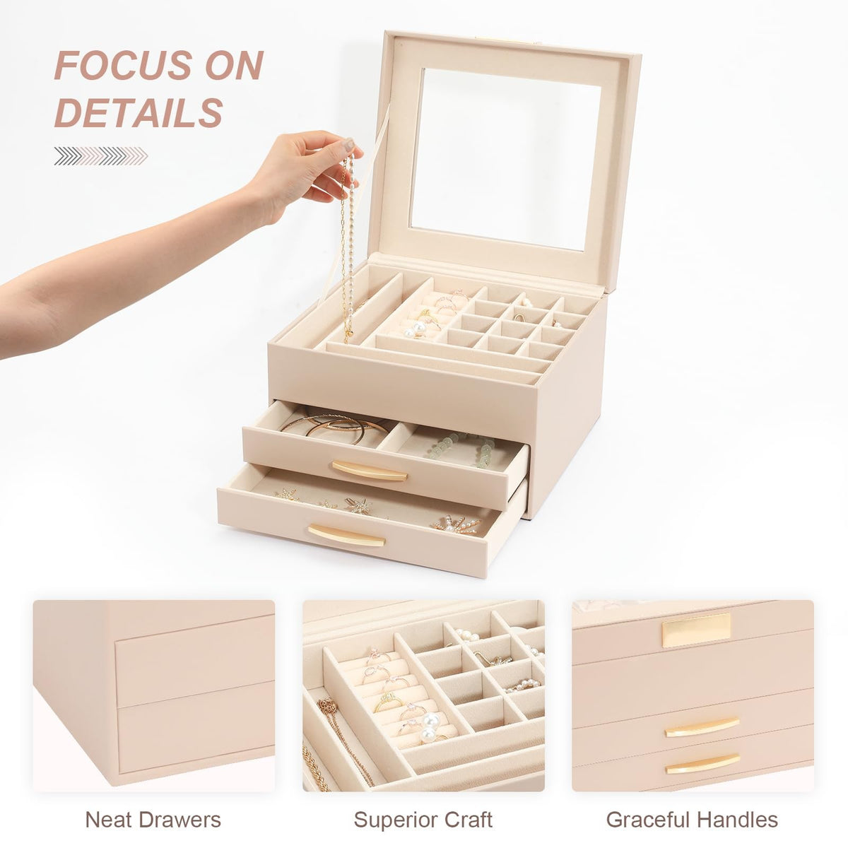 Jewelry Organizer Box with Glass Lid, 3-Tier Necklace and Earring Storage