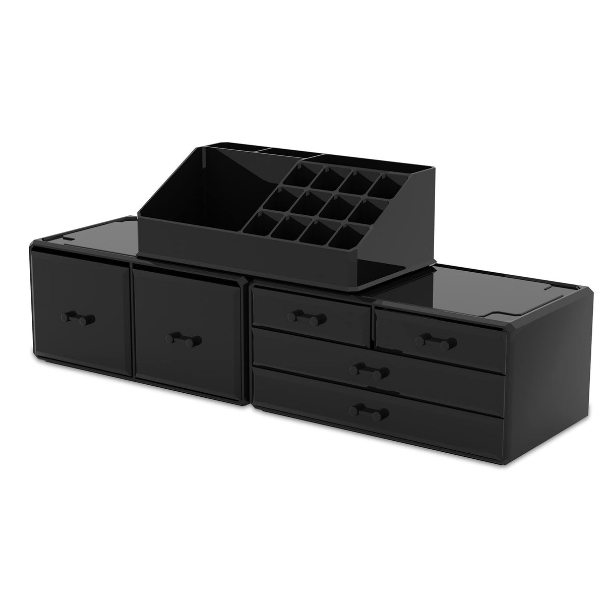 3-Piece Makeup Organizer with 6 Drawers - Black Cosmetic Storage Case