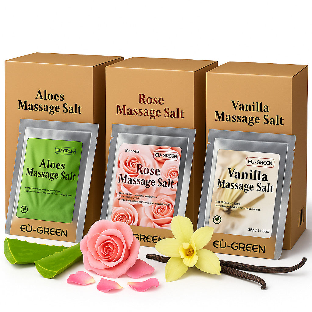 Exfoliating Massage Salt Set with Aloe, Rose & Vanilla for Spa Bath & Body