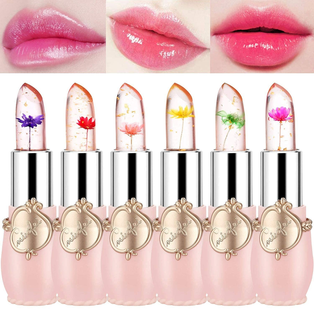 Color Changing Lipstick Set - 6 Crystal Flower Jelly Lip Balms with Moisturizing Ingredients