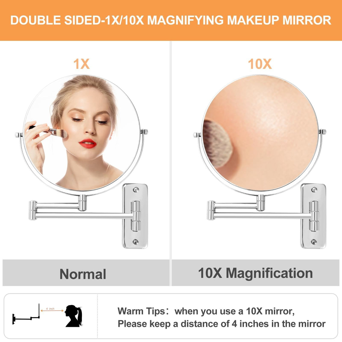 8-Inch Wall Mounted Makeup Mirror with 1X/10X Double Sided Magnification - Chrome