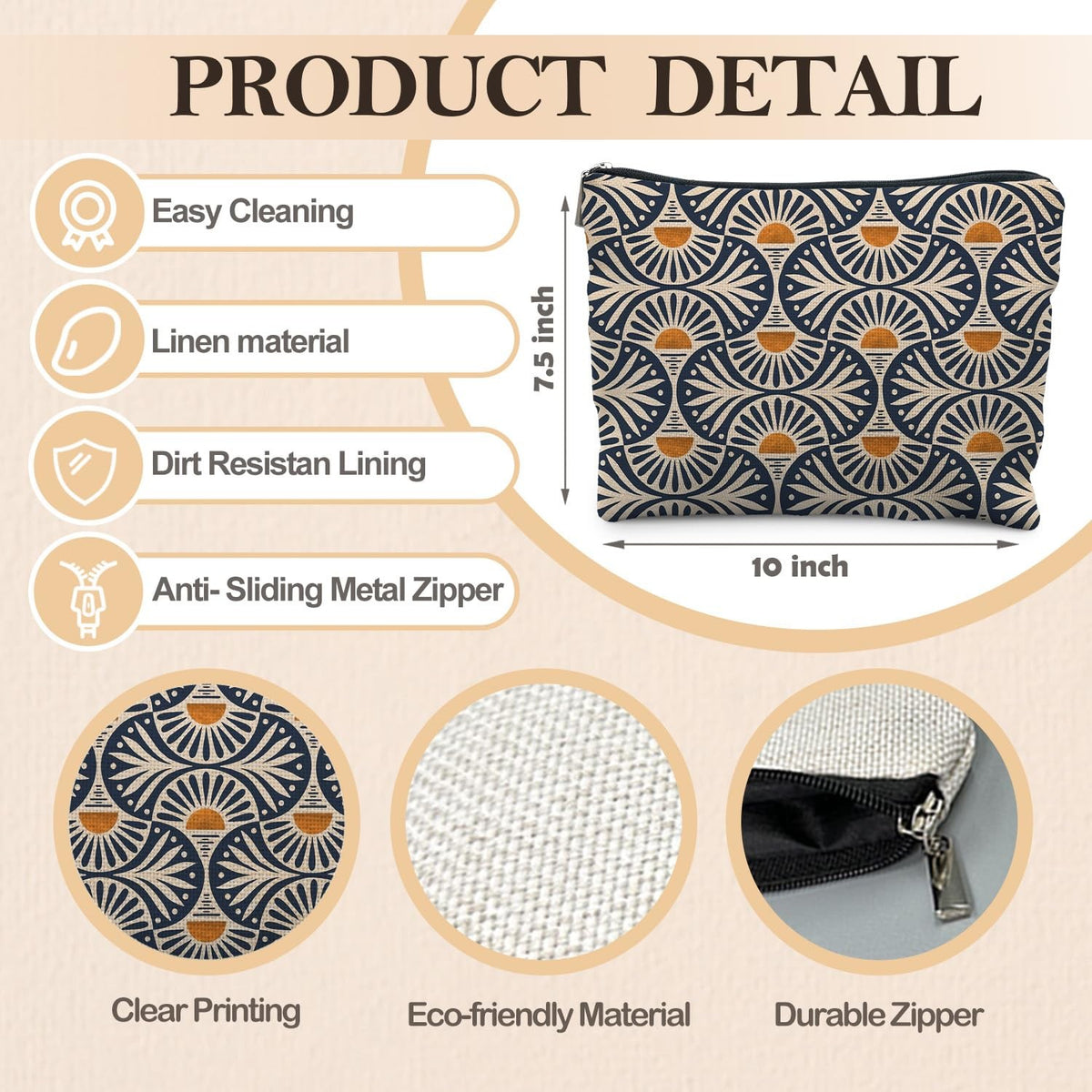 Boho Makeup Bag - 10x7.5 Inches, Orange Sun Leaf Canvas Cosmetic Pouch