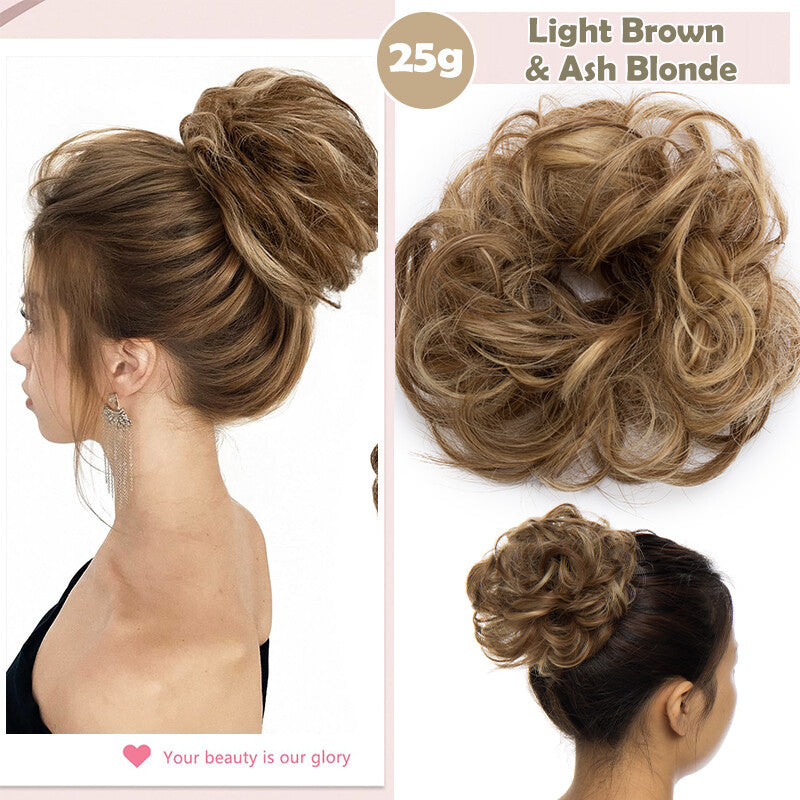 Natural Human Hair Messy Bun Ponytail Extensions with Curly Scrunchie Updo