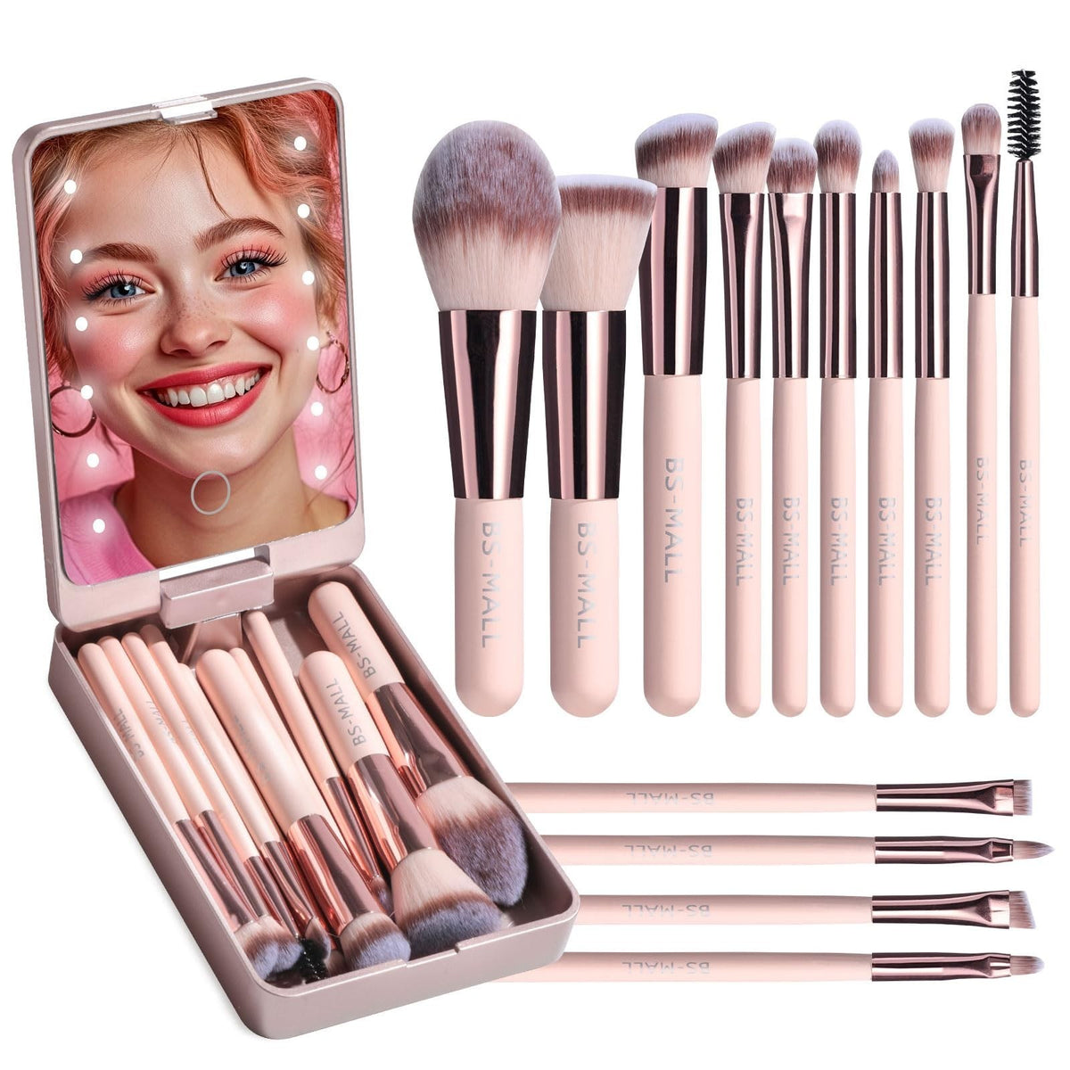 Mini Makeup Brush Set with LED Light Mirror - Portable Beauty Kit