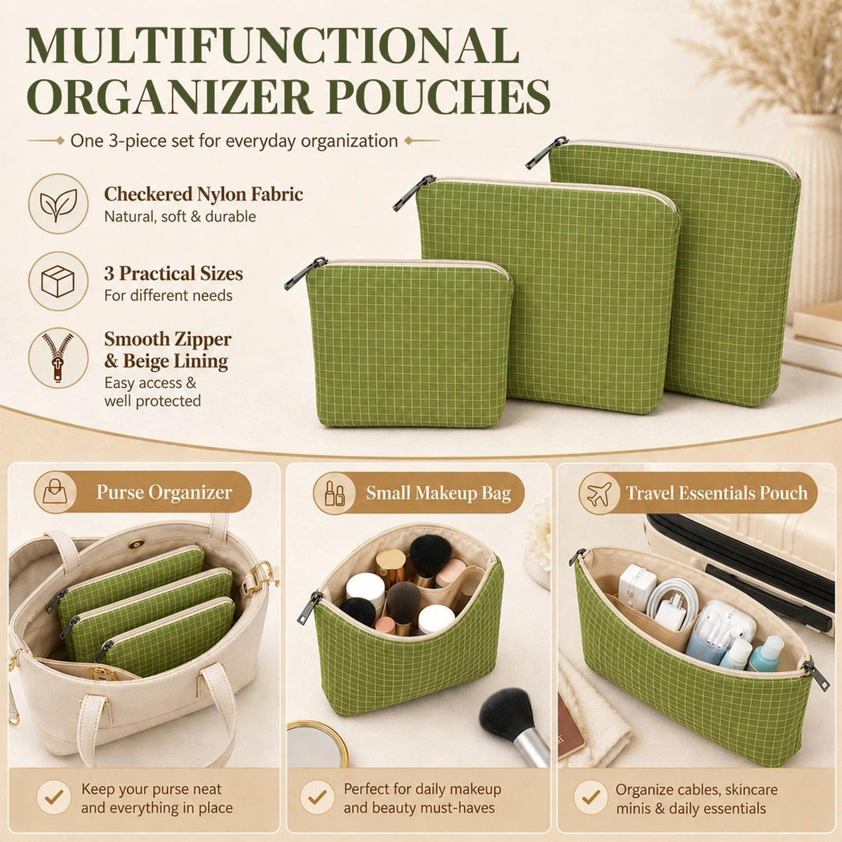 Travel Organizer Pouches Set - 3-Pack Green Checkered Nylon Makeup & Card Pouches