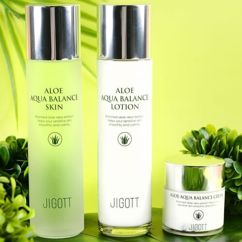 Jigott Aloe Aqua Balance Skin Care Set - Toner, Emulsion, Cream for Moisture & Soothing