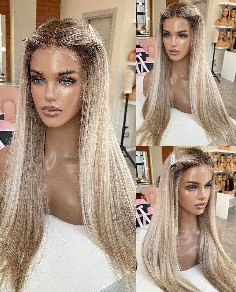 Long Straight Brown Blonde Lace Front Wig - Heat Resistant Synthetic Hair