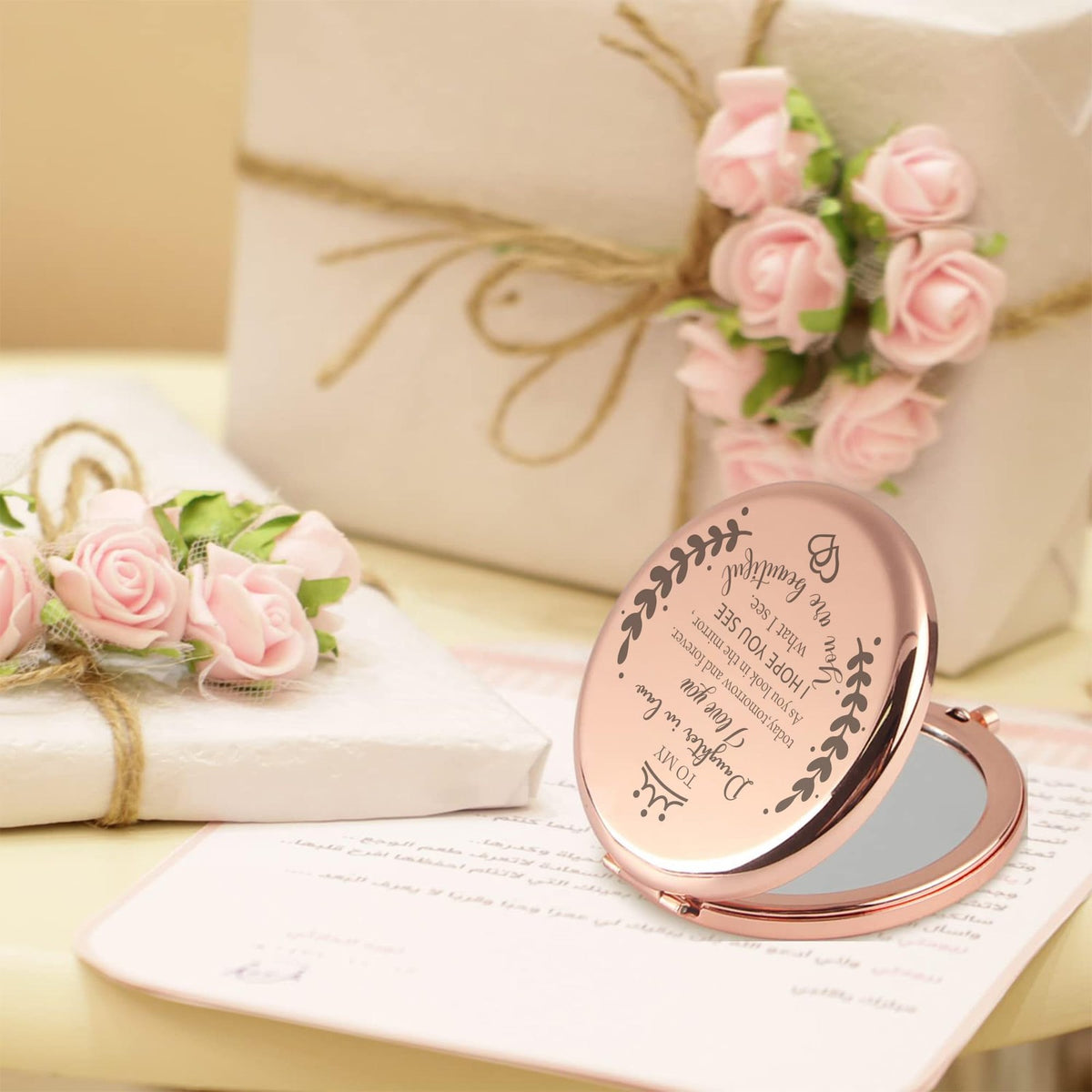 Personal Compact Mirror for Daughter-in-Law Wedding Gift - Rose Gold 2X Magnification