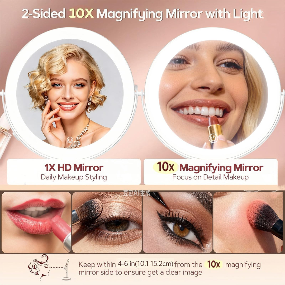 Lighted Makeup Vanity Mirror 11.8 Inch 1X/10X Magnifying with 96 LEDs, White Chrome