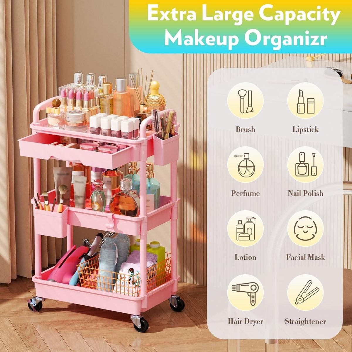 Pink Makeup Cart Organizer with Drawers and Rolling Storage