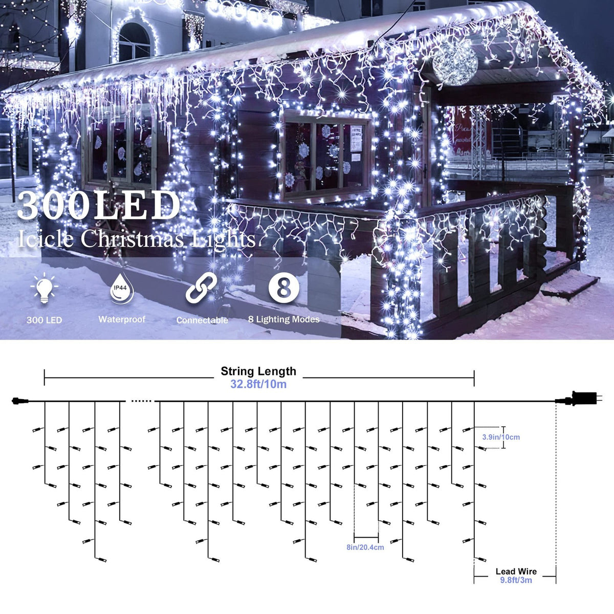 White Christmas Icicle Lights 300 LED 33FT Waterproof String Curtain Lights