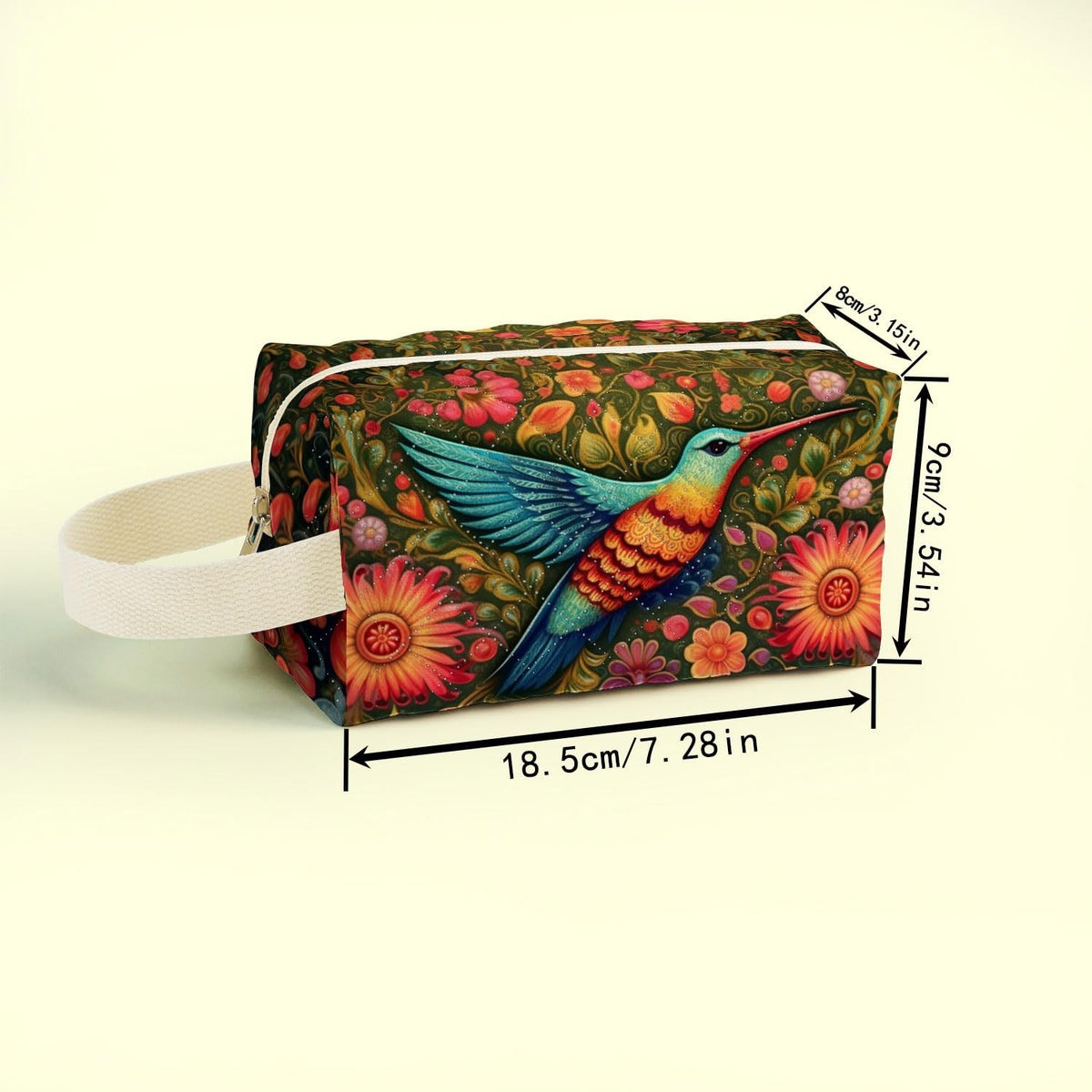 Velvety Quilted Makeup Pouch with Hummingbird Print for Travel and Organization