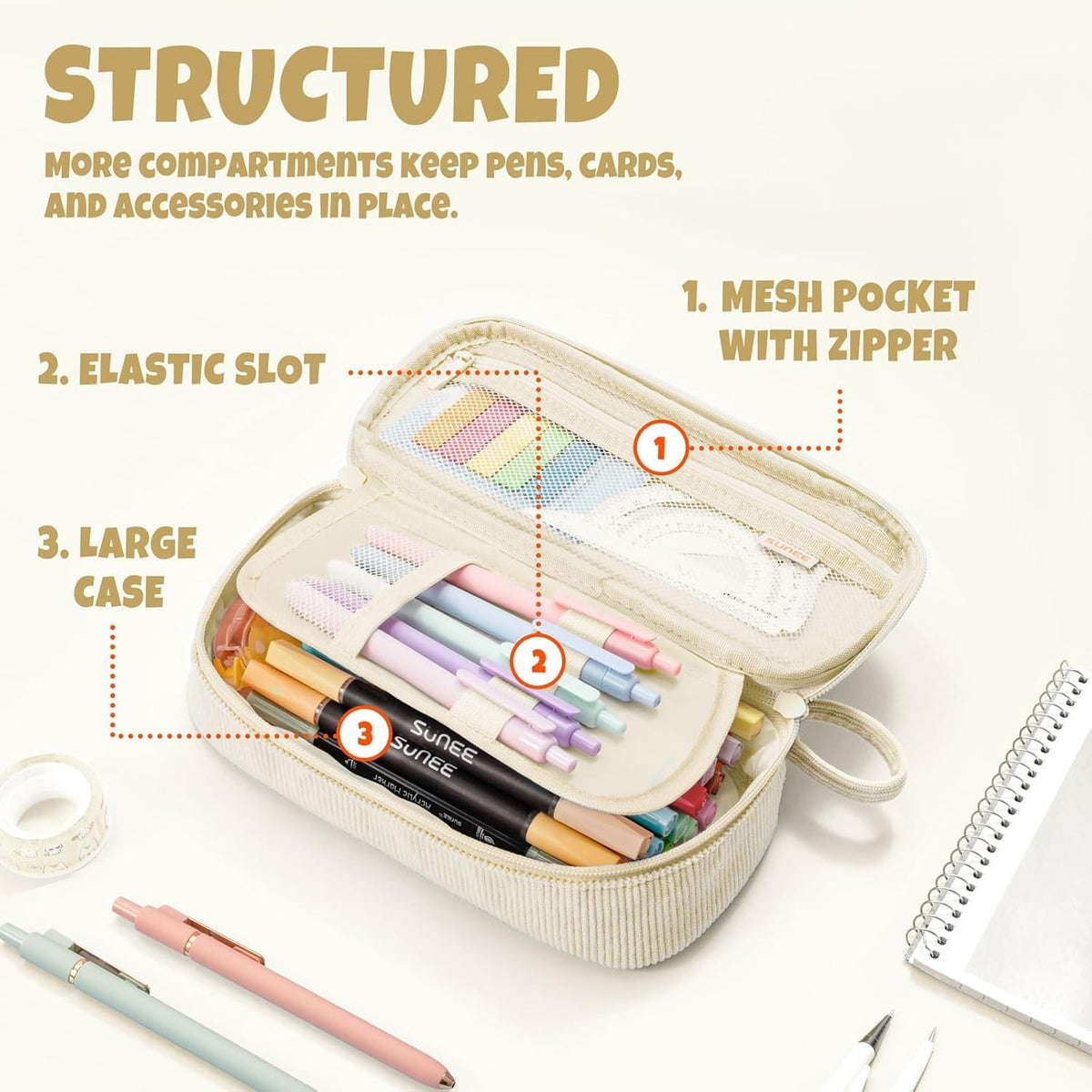 Beige Corduroy Pencil Case with Zipper - Spacious Stationery Organizer