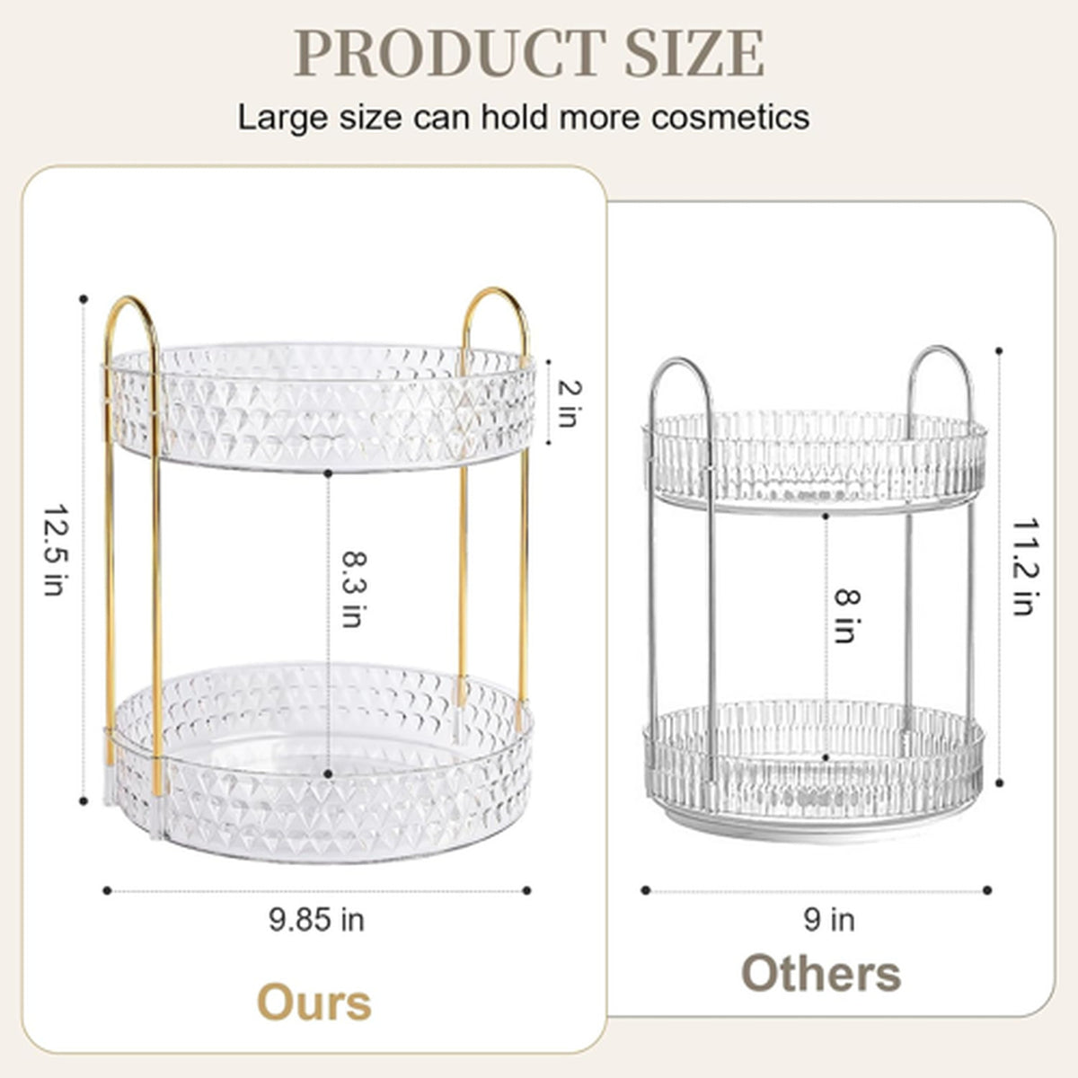 Large Capacity Rotating Makeup Organizer with 2 Tiers and Acrylic Finish