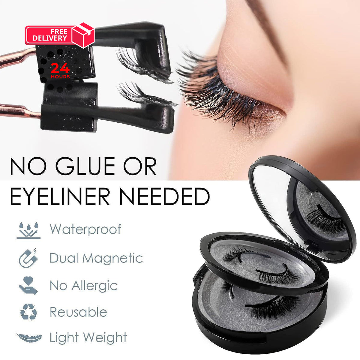 Magnetic False Eyelashes Set with Applicator - Reusable 4 Pairs, Natural Look