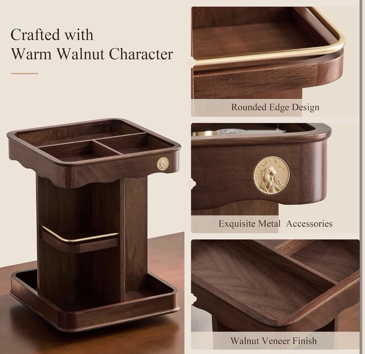 Wooden Rotating Cosmetic Organizer with Velvet Lining and Gold Accents