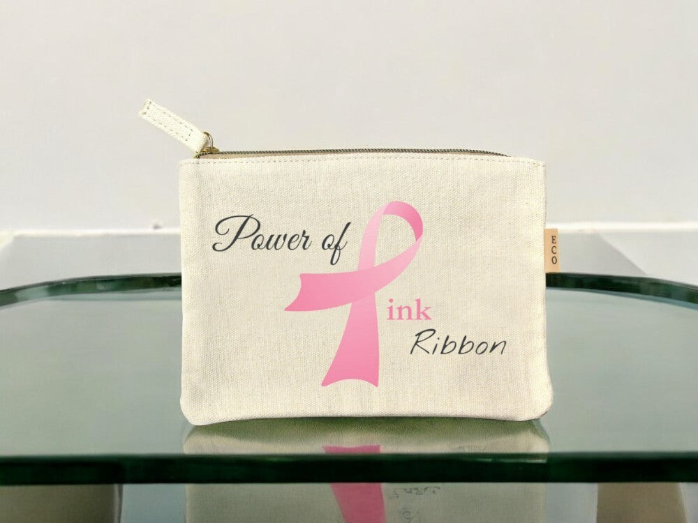 Pink Ribbon Cotton Cosmetic Zipper Pouch Bag - Small Toiletry Organizer