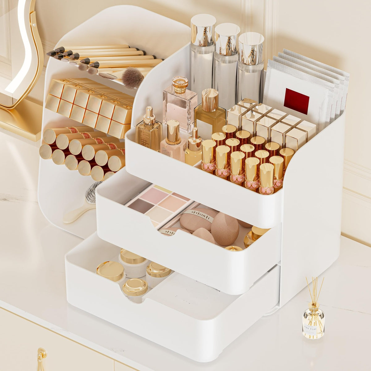 White Makeup Organizer with 2 Drawers and Brush Holders - Cosmetic Storage Case
