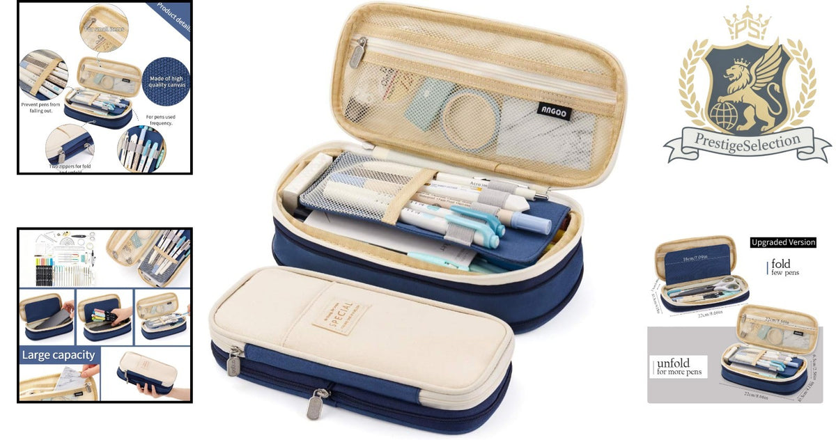 Multi-Function Blue Pen Case with 3 Compartments Travel Organizer