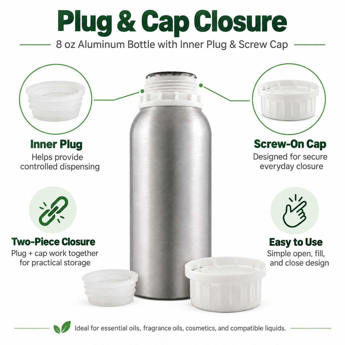 32 fl oz Aluminum Bottle with Cap and Inner Plug for Essential Oils - GreenHealth