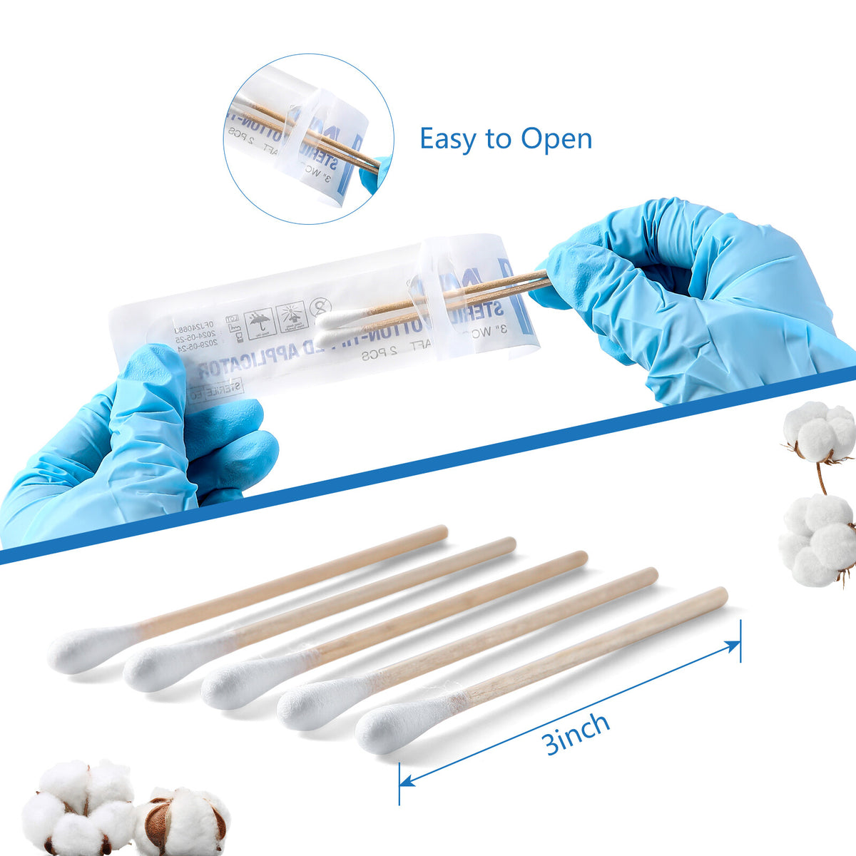100pcs Sterile Cotton Swabs 3 Inch Applicators for Wound Care Makeup & Crafts