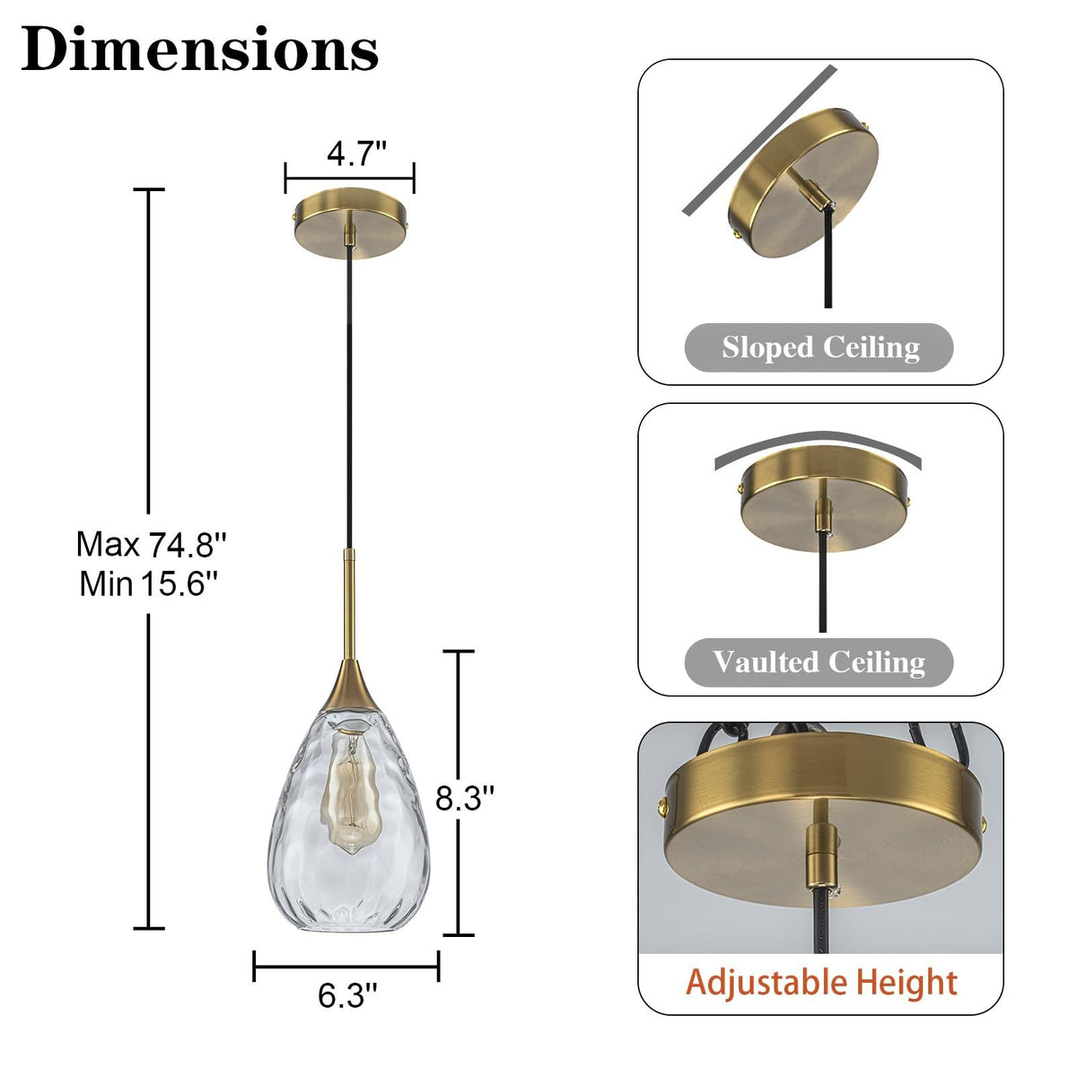 6.3-Inch Gold Glass Pendant Light with Ripple Shade, Adjustable Modern Farmhouse Lighting