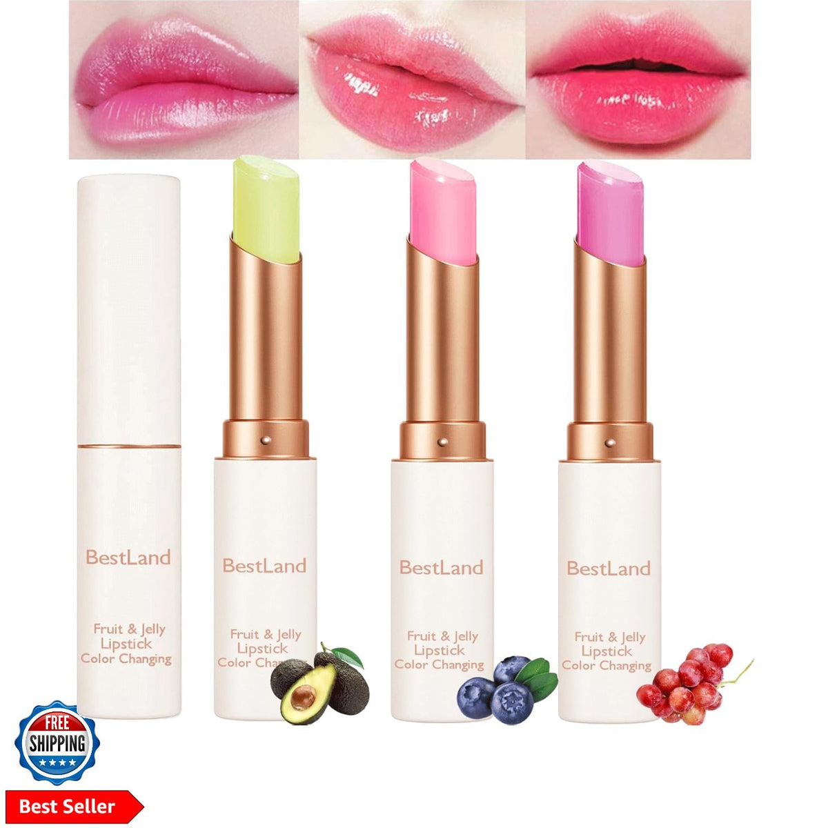 Color Changing Lipstick Set with Avocado, Grape & Blueberry Jelly Lip Balms