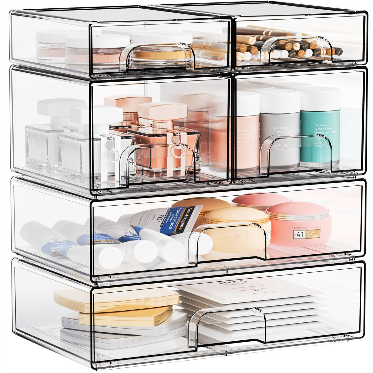 6 Pack Clear Stackable Acrylic Storage Drawers Bathroom Organizer