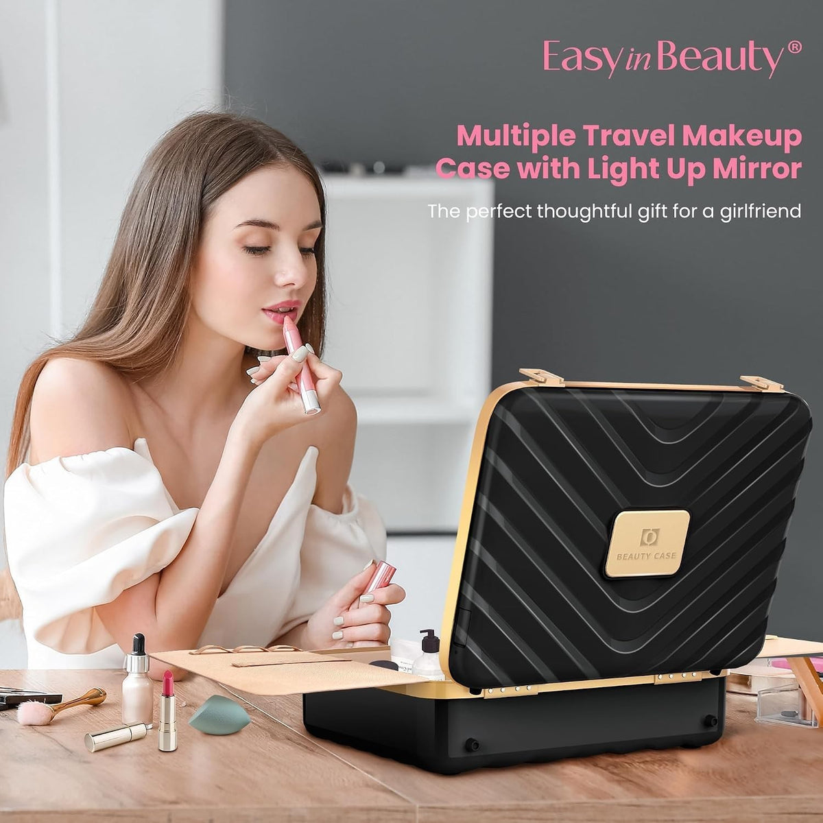 Travel Makeup Case with LED Lighted Mirror - Black, 3 Light Modes, Cosmetic Storage