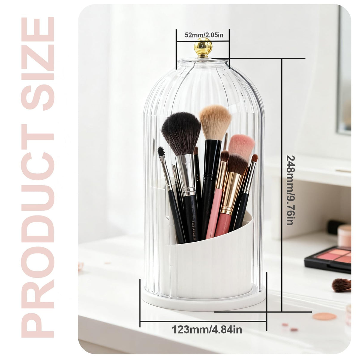 Rotating Makeup Brush Holder Organizer with Dustproof Lid - Transparent