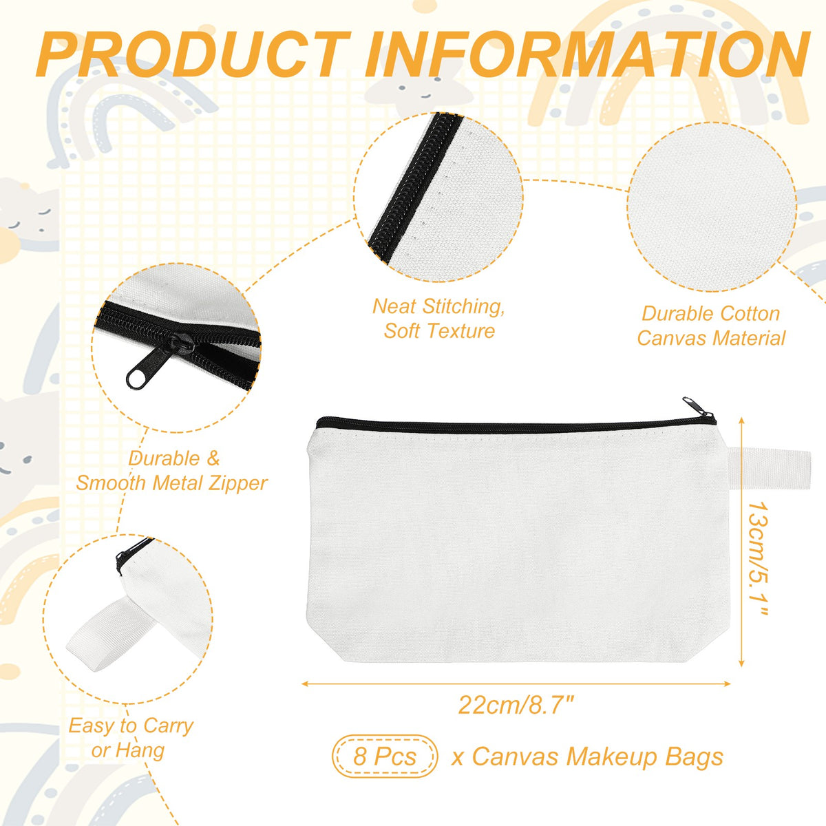 Cotton Canvas Makeup Bag Set - 8 Pcs Portable Cosmetic Organizer White