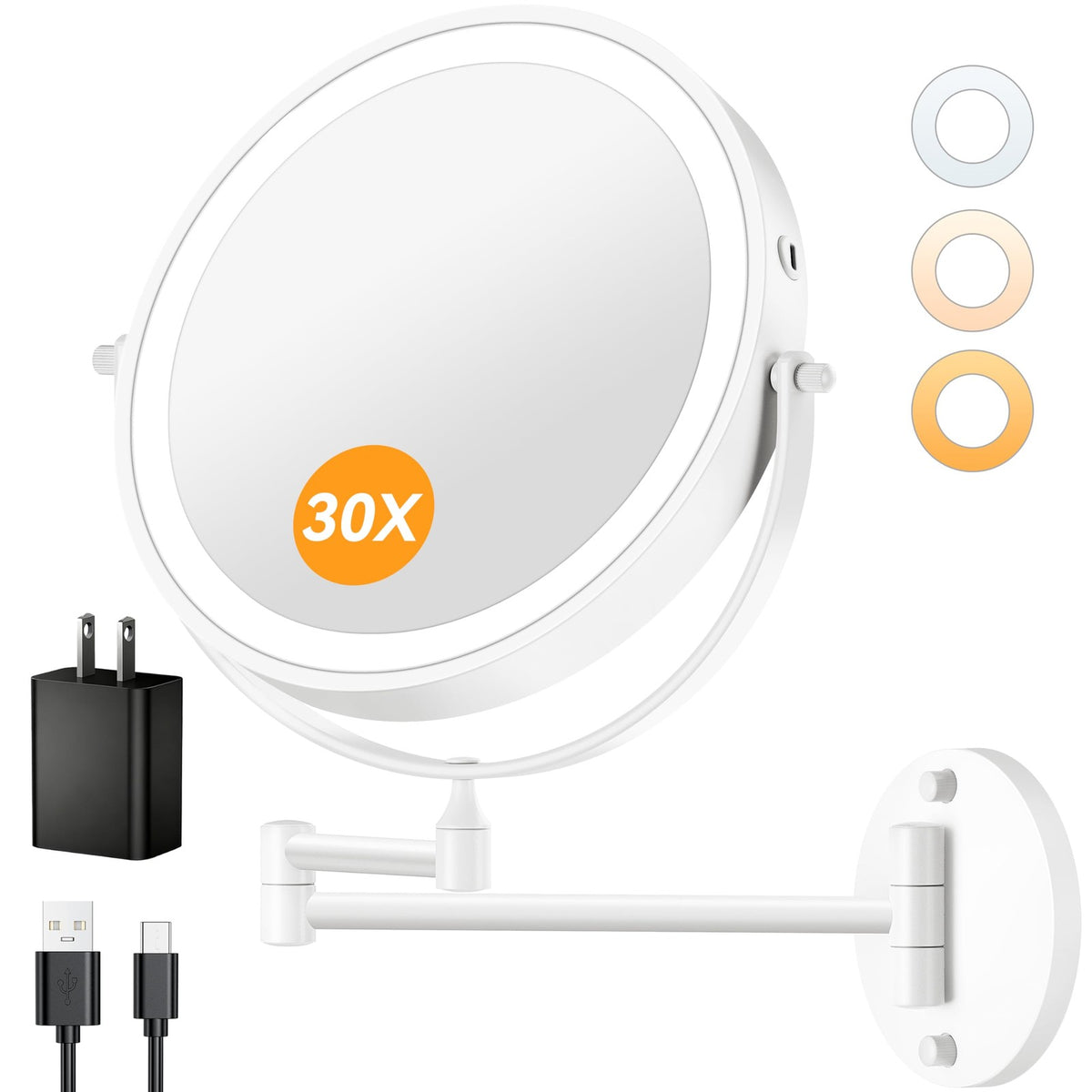 9-Inch Wall Mounted Lighted Makeup Mirror with 30X Magnification & LED Lighting