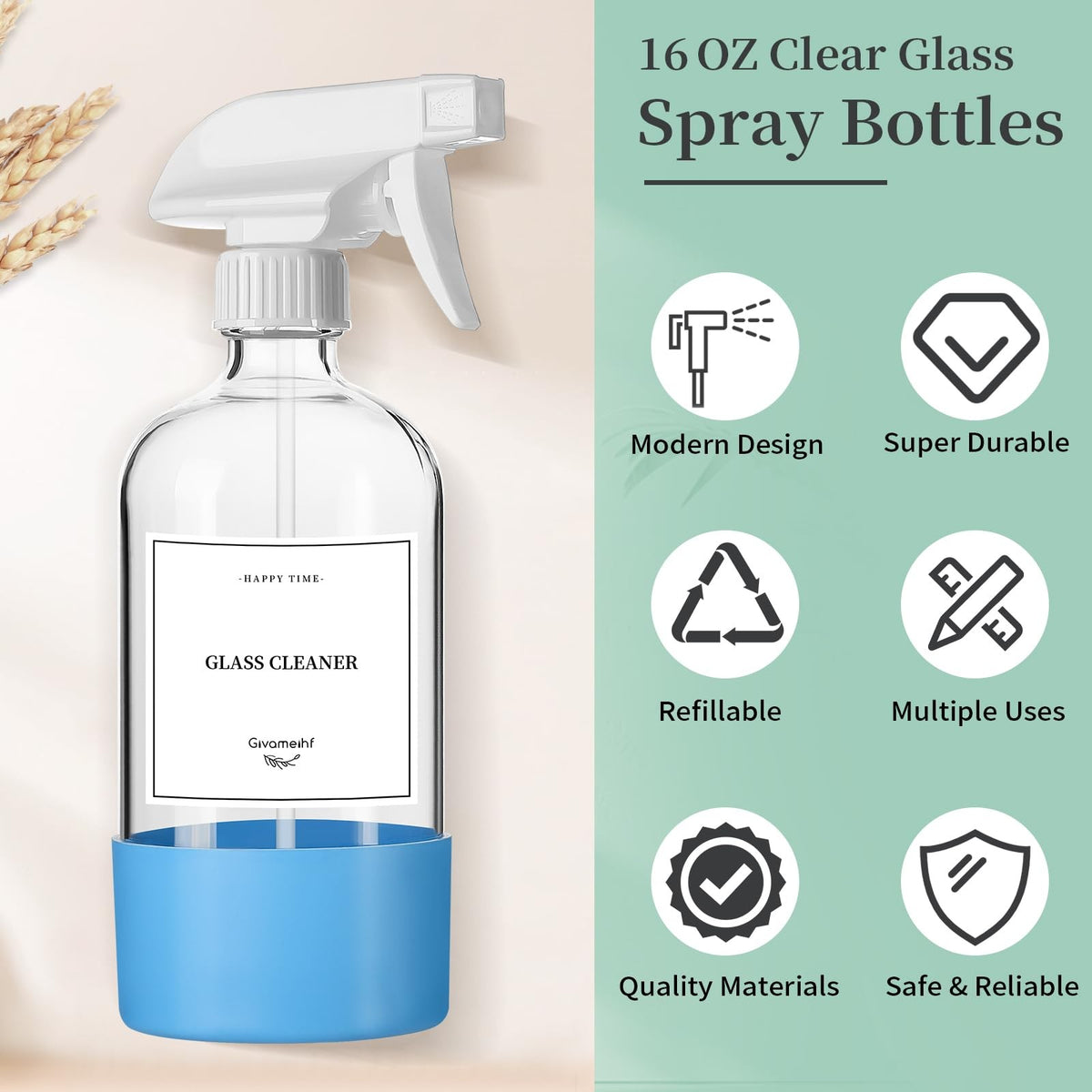 16 Oz Glass Spray Bottles Set with Silicone Sleeves & Adjustable Nozzle