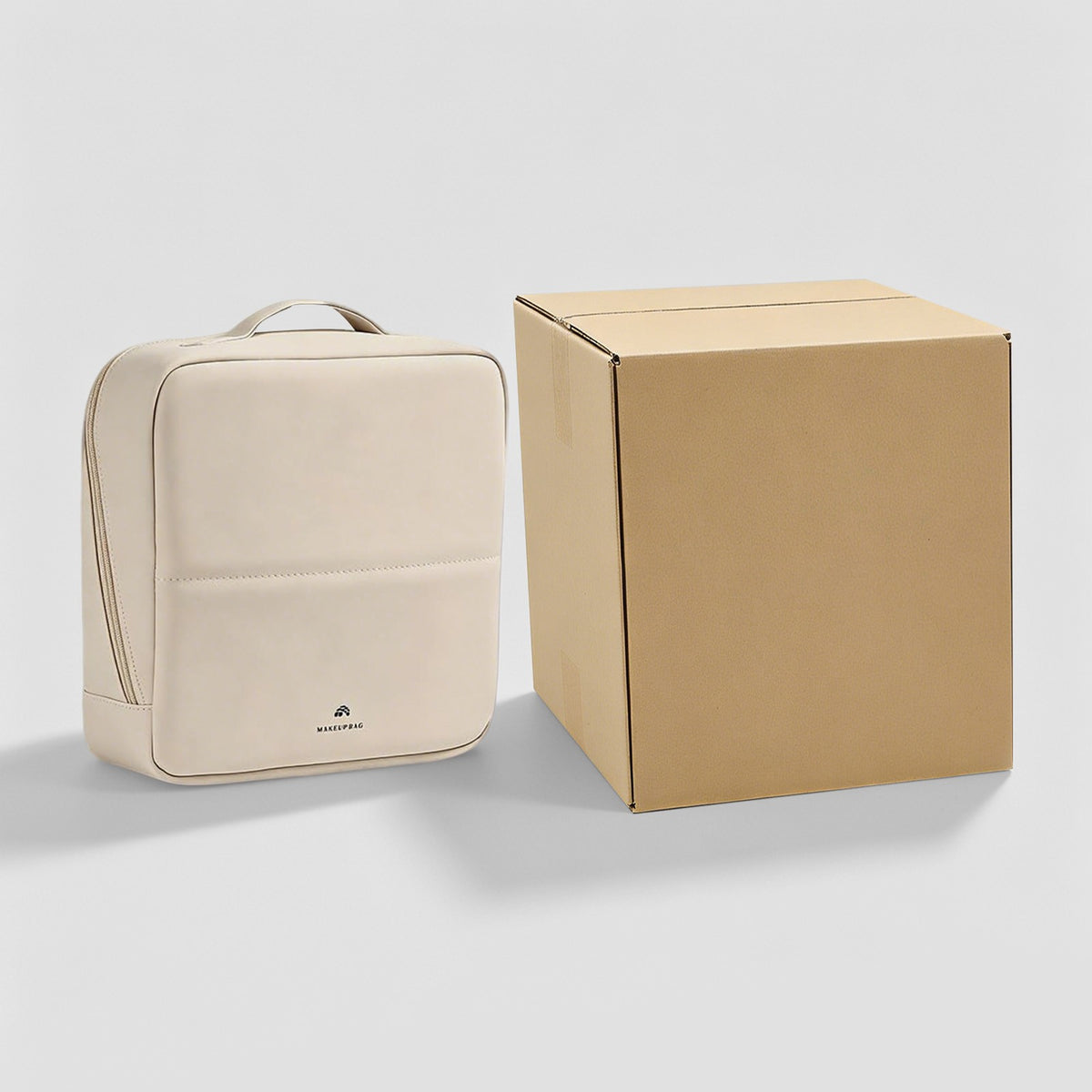 Large Stand-Up Makeup Bag with Multi-Layered Interior Pockets - Beige