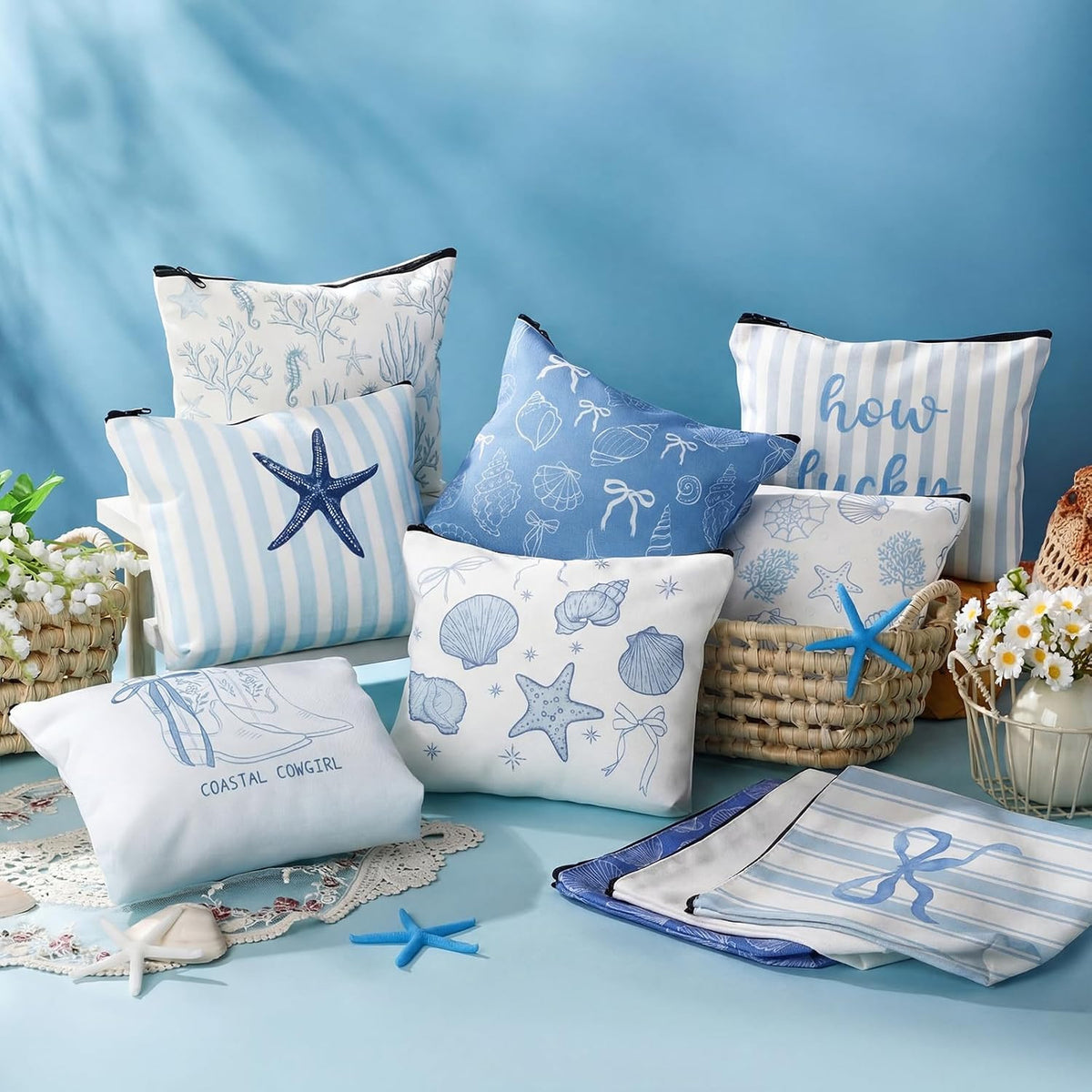 Set of 10 Ocean-Themed Makeup Bags for Cosmetics – Zipper Pouch Gift Set