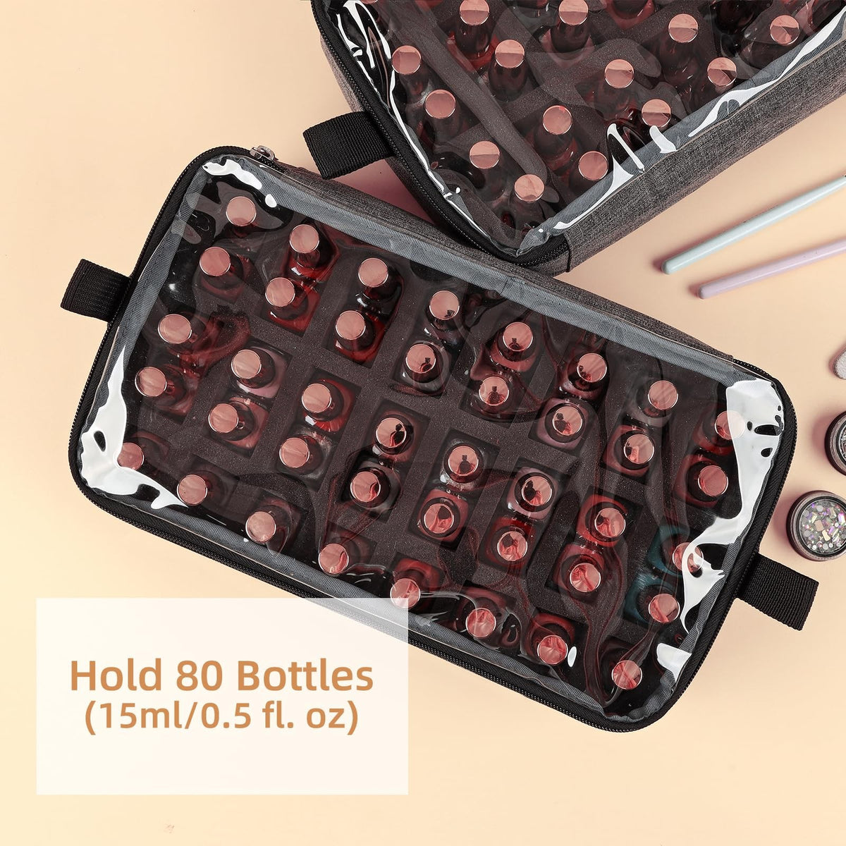 Double Layer Nail Polish Organizer with Lamp & Pouches - Holds 80 Bottles