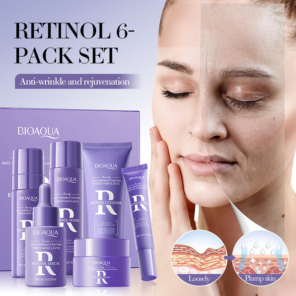 Retinol Skincare Set 6 Pieces - Face Cleanser, Toner, Serum, Eye & Moisturizer
