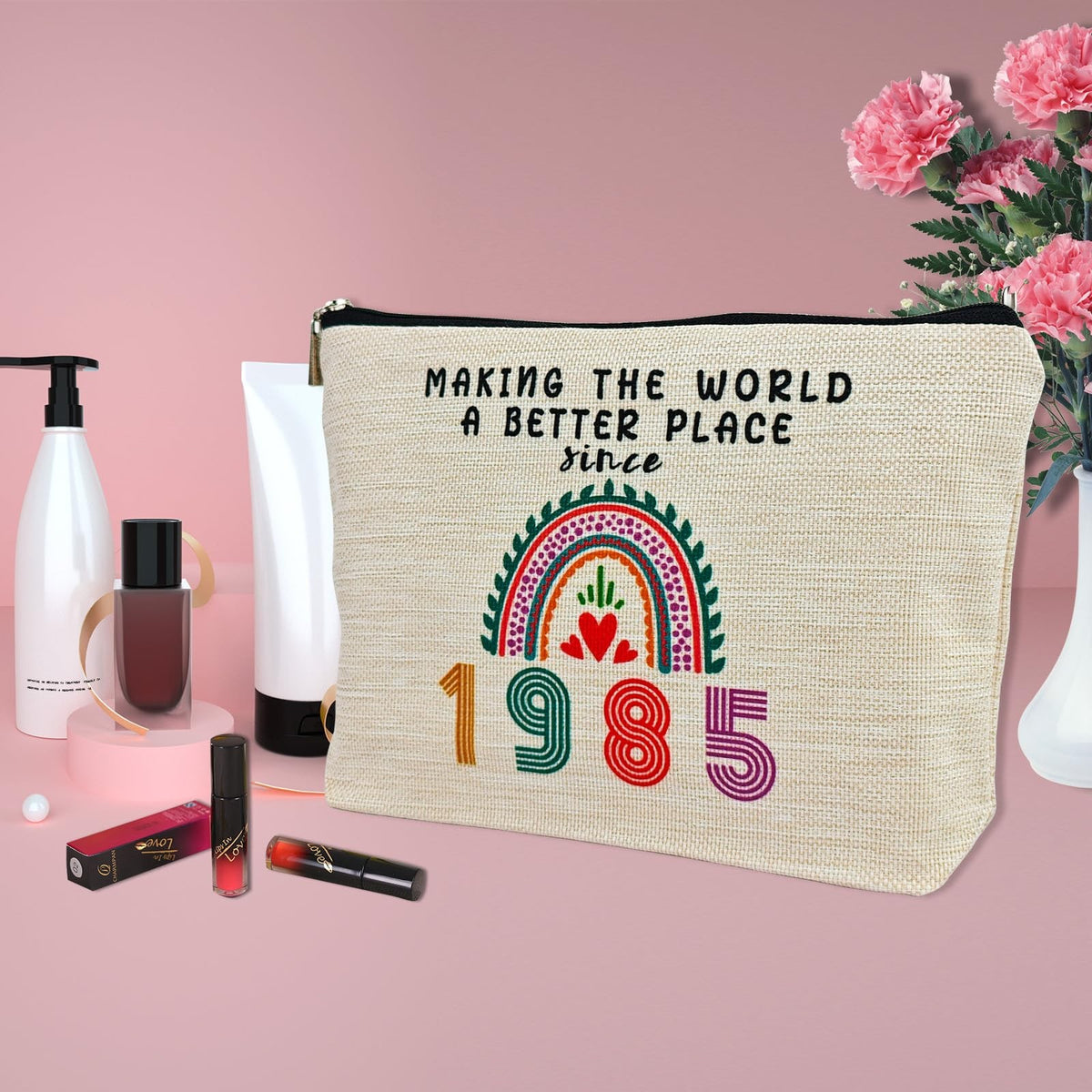 41st Birthday Makeup Bag for Women - Waterproof Flax Cosmetic Pouch