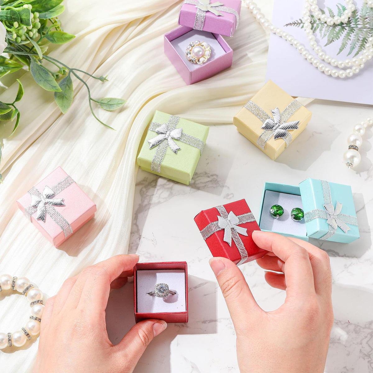 Set of 72 Jewelry Ring Boxes with Colorful Ribbon Bows, 1.6 x 1.6 Inches