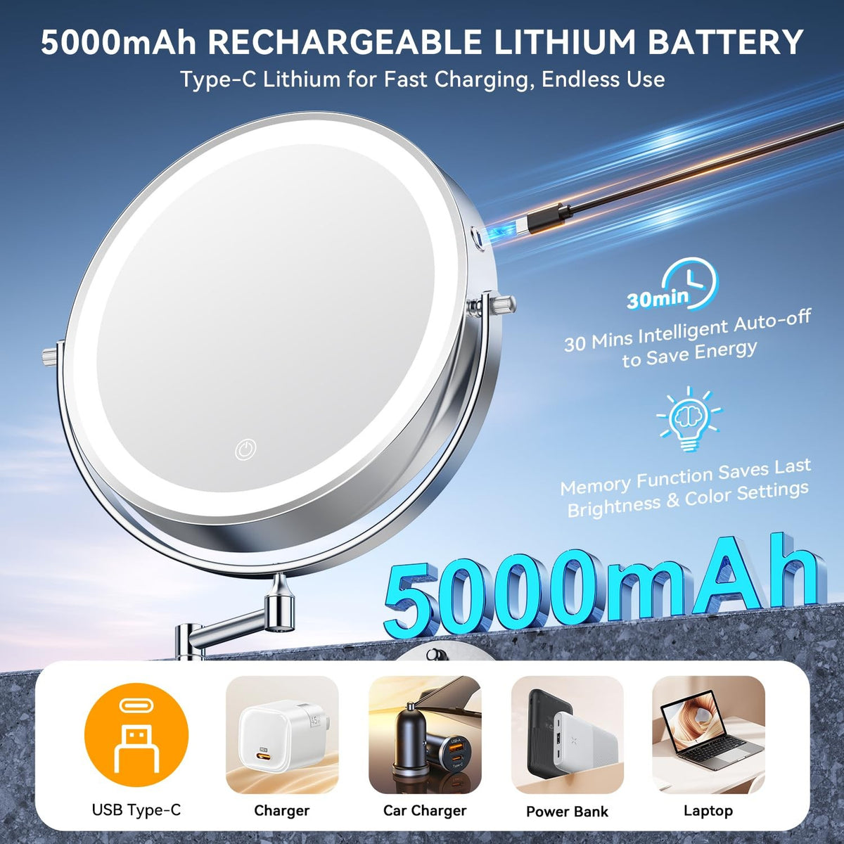 10-Inch Wall Mounted Lighted Makeup Mirror with 30X Magnification and Rechargeable LED