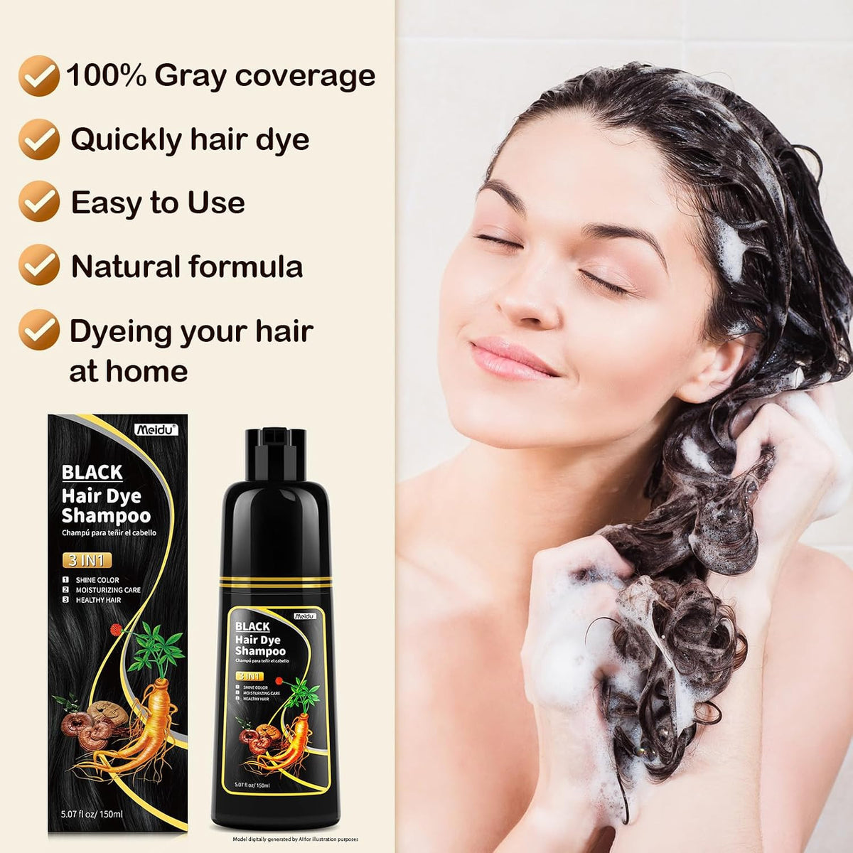 3 in 1 Hair Dye Shampoo for Gray Hair Cover and Conditioner - Herbal Ginseng, 150ml
