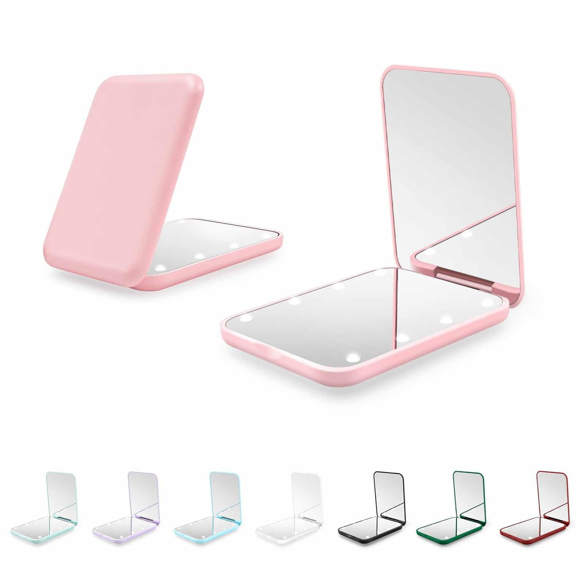 Compact LED Pocket Mirror 1X/3X Magnification, 180° Rotating, Pink