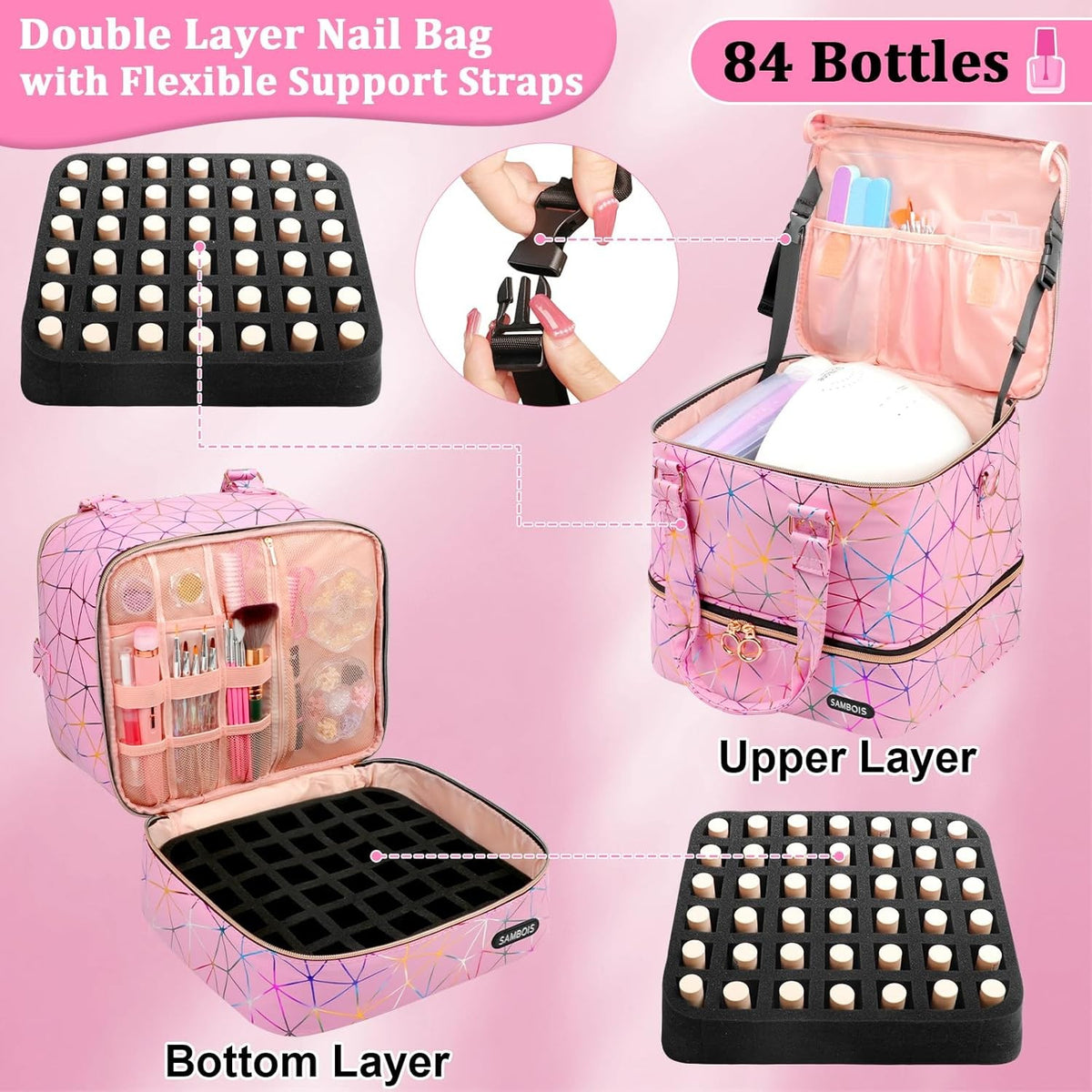 Large Capacity Nail Polish Organizer Bag with Lamp and Travel Case - Holds 84 Bottles