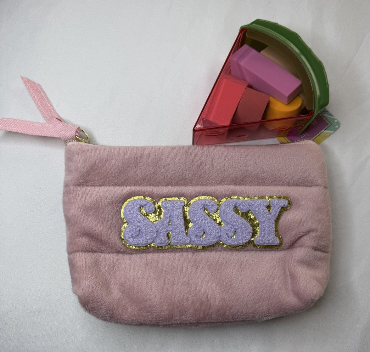 Multicolor Sequin Cosmetic Bag with Pink Zipper & Free Makeup Sponges
