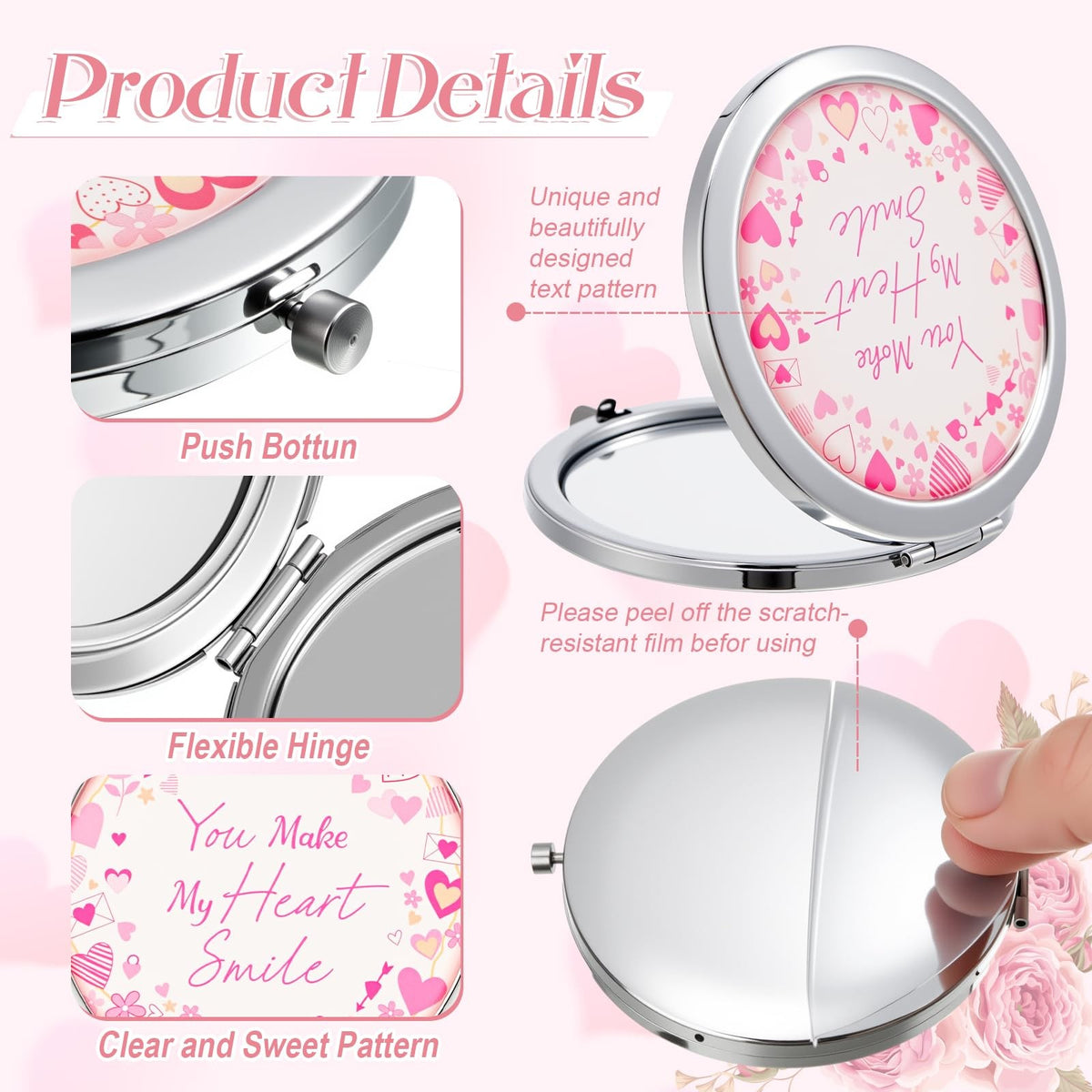 Valentine Compact Mirror Gift Set with Greeting Cards and Organza Bags - Bulk Pack of 12