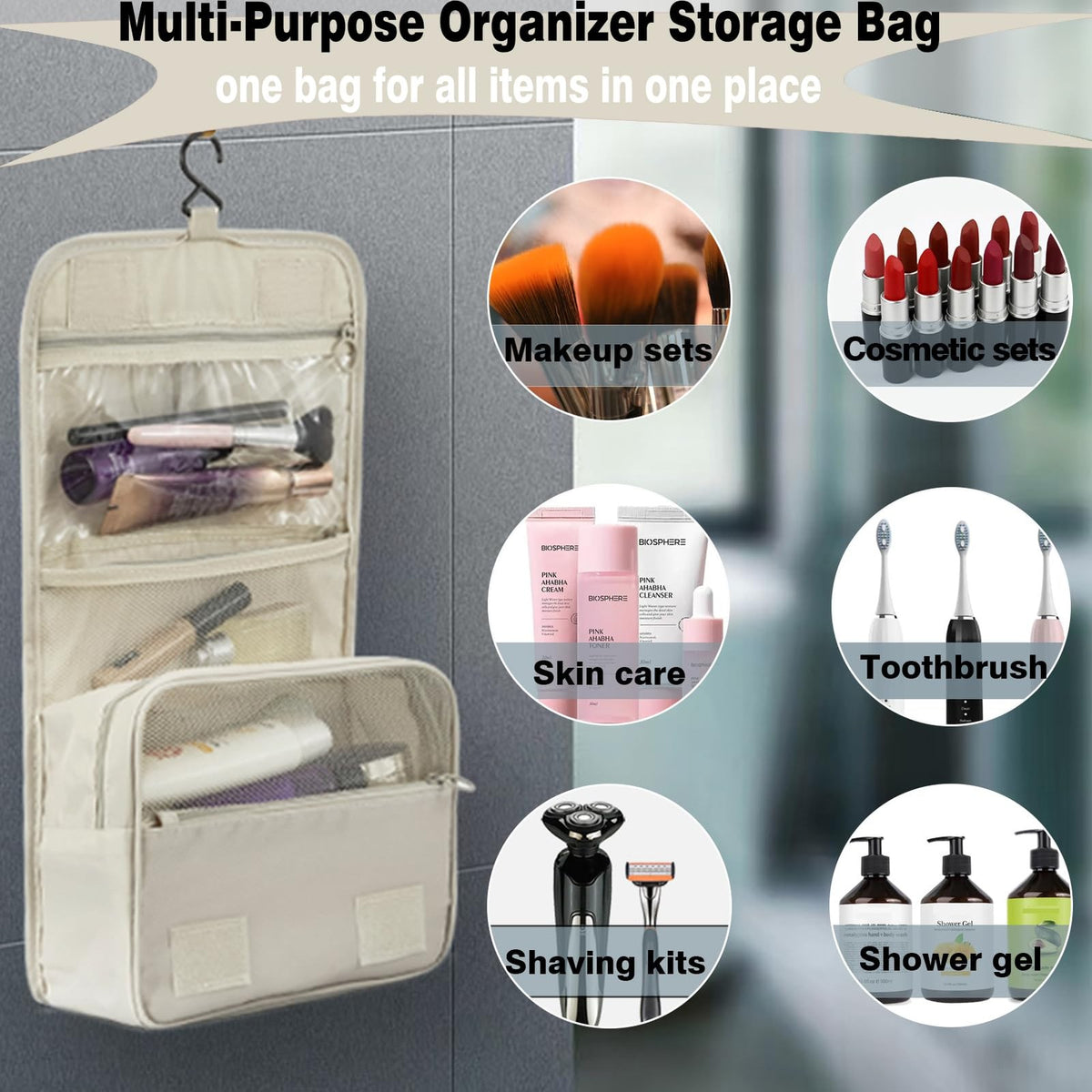 Travel Toiletry Bag Hanging Organizer for Women & Men Waterproof Cosmetic Case